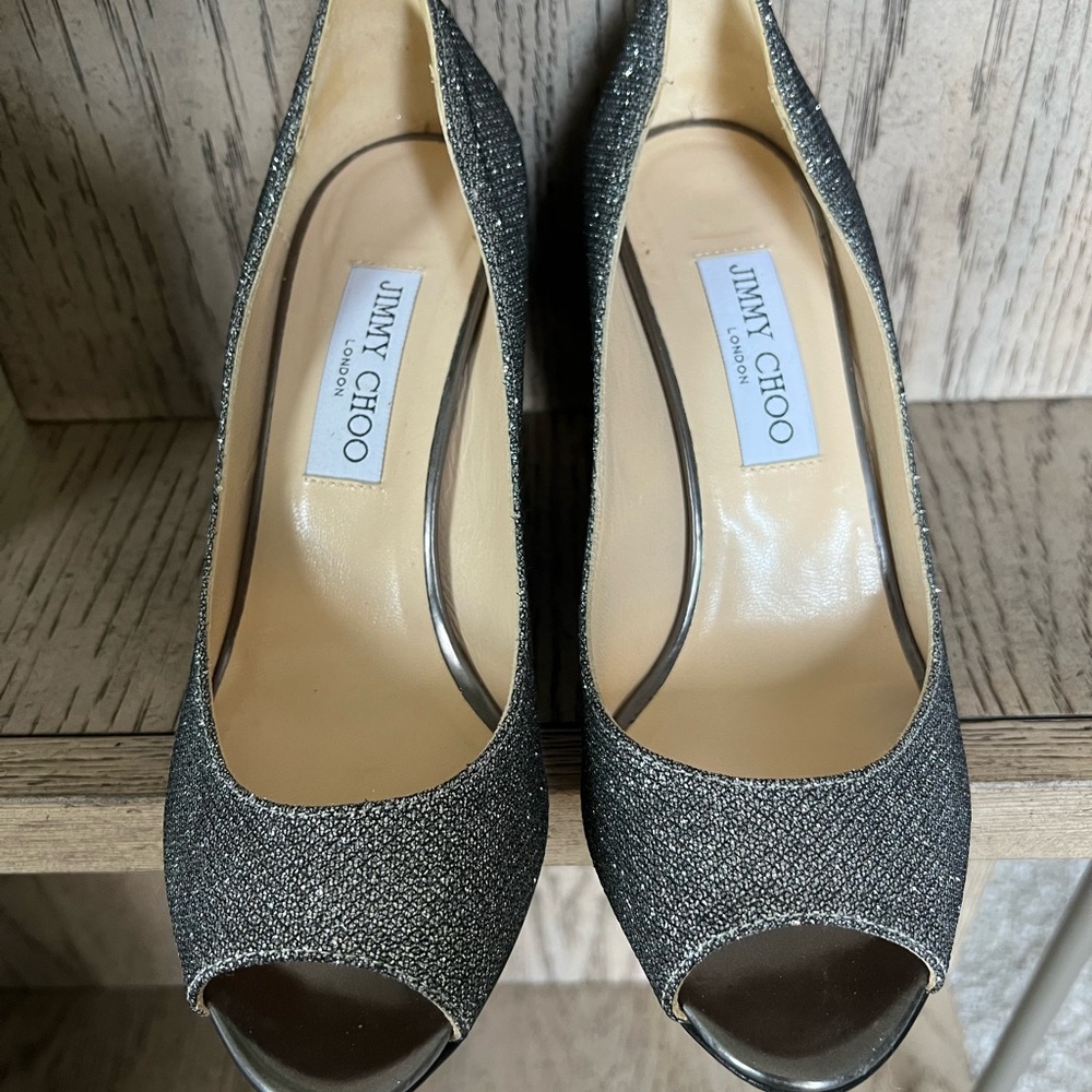 Jimmy Choo Metallic Glitter Baxen Wedge Pumps Size 37 1/2